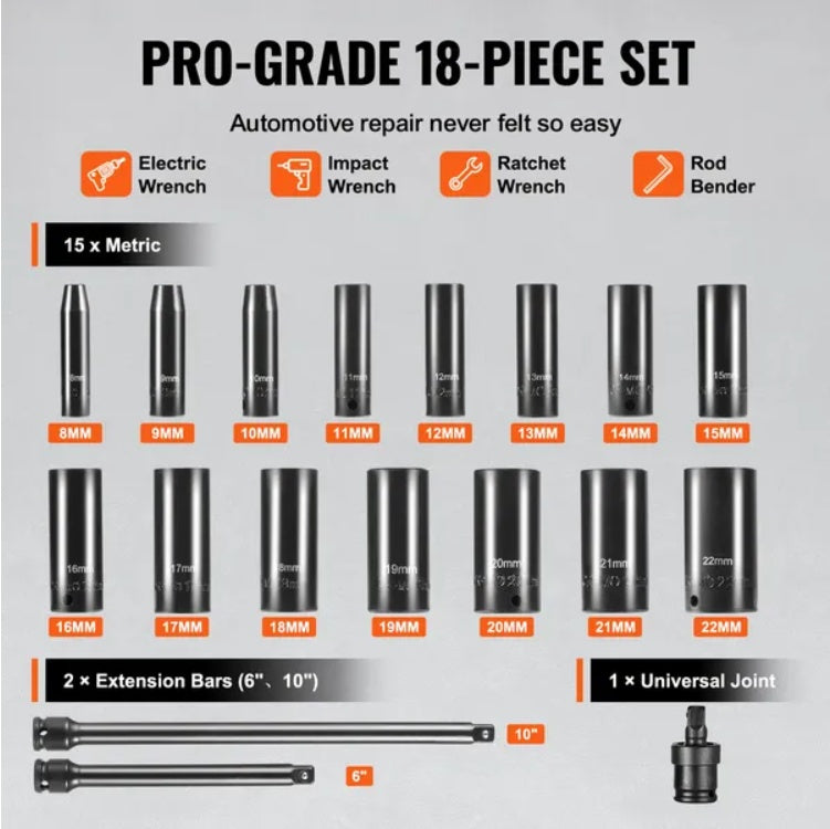 VEVOR Impact Sockets Set 18pcs 6-Point 3 8 Drive Bit Ratche