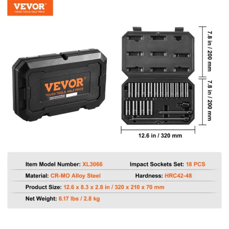 VEVOR Impact Sockets Set 18pcs 6-Point 3 8 Drive Bit Ratche