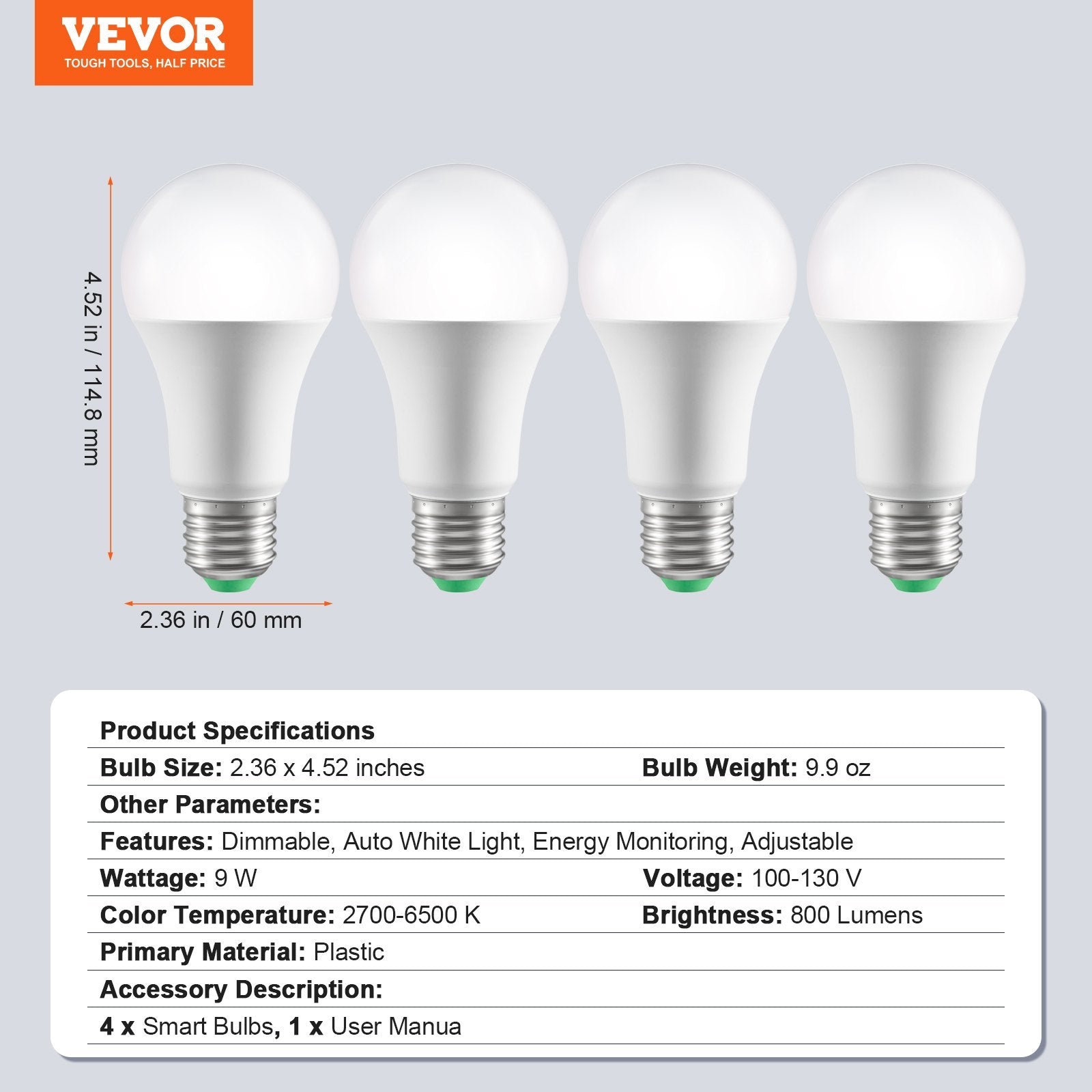 VEVOR Smart Light Bulbs, 4-Pack, 9W Multicolor LED Bulbs