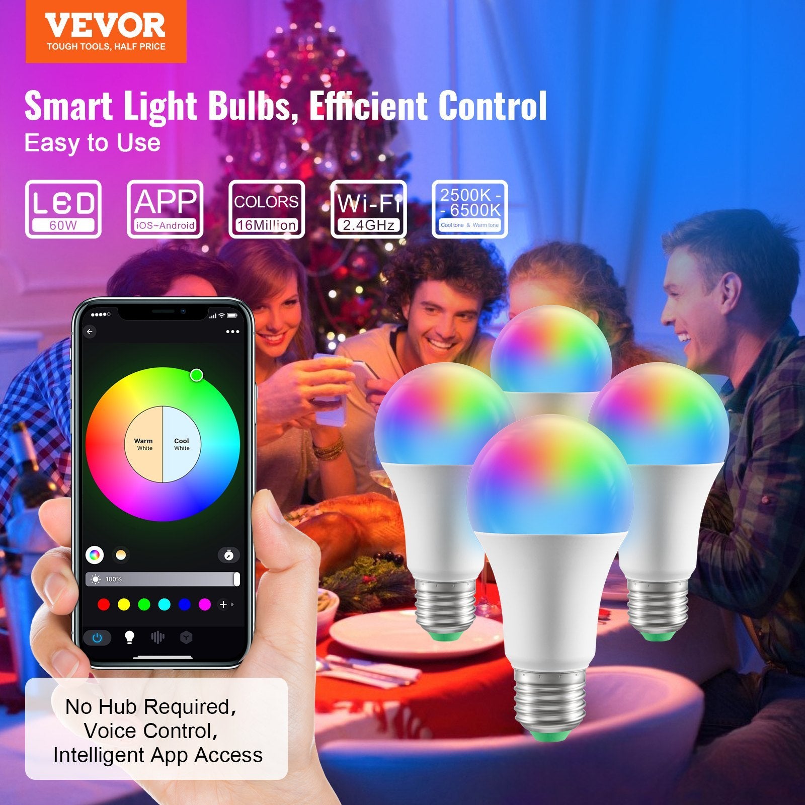 VEVOR Smart Light Bulbs, 4-Pack, 9W Multicolor LED Bulbs