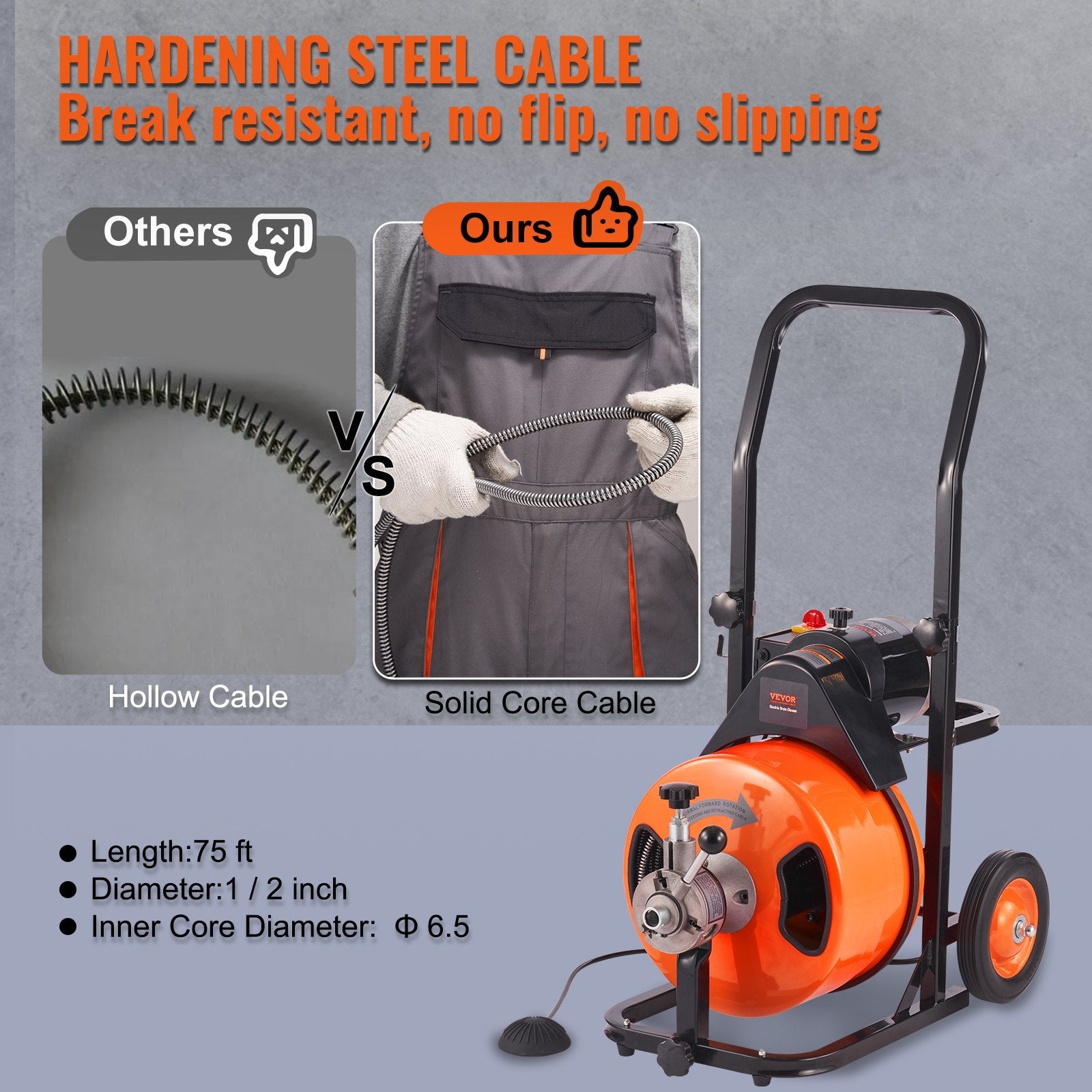Drain Cleaning Machine 75 FT X 1 2 Inch, Sewer Snake Machine